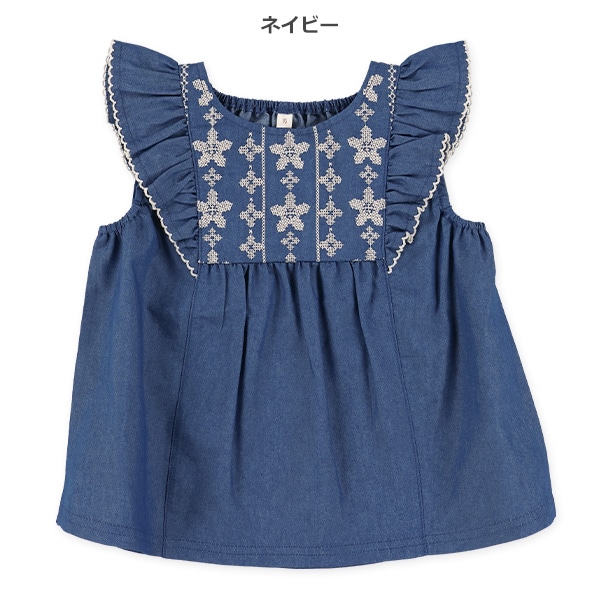 デニム胸刺繍ノースリーブスモック