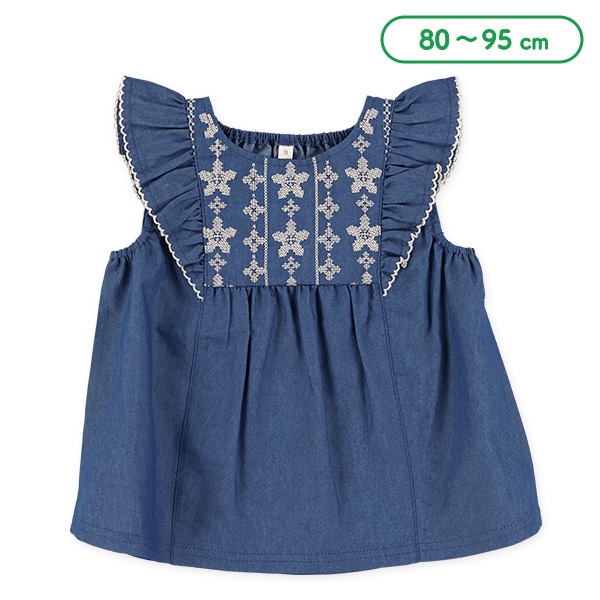 デニム胸刺繍ノースリーブスモック