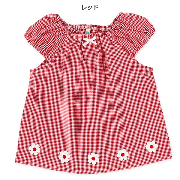 ギンガム花モチーフノースリーブブラウス