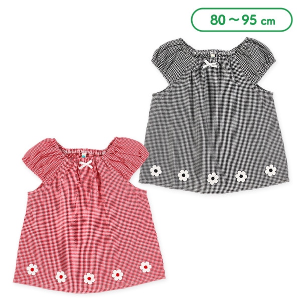 ギンガム花モチーフノースリーブブラウス