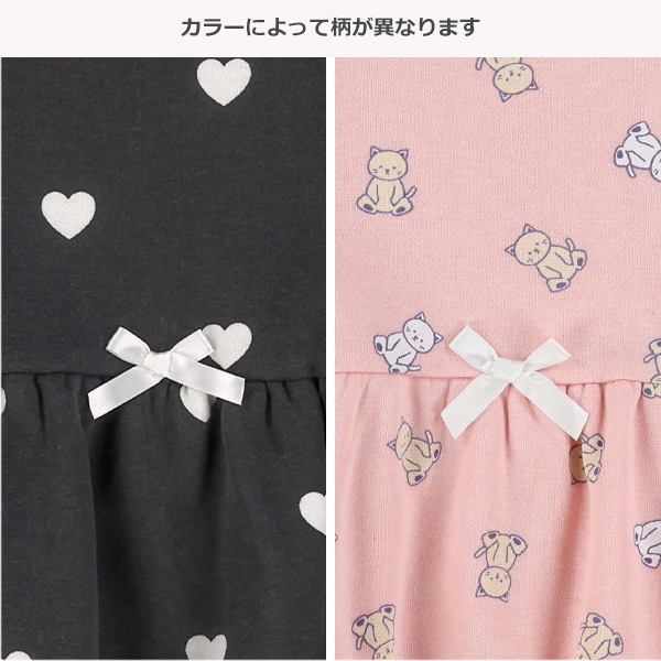 裏起毛切り替えハート・ねこ総柄長袖トップス