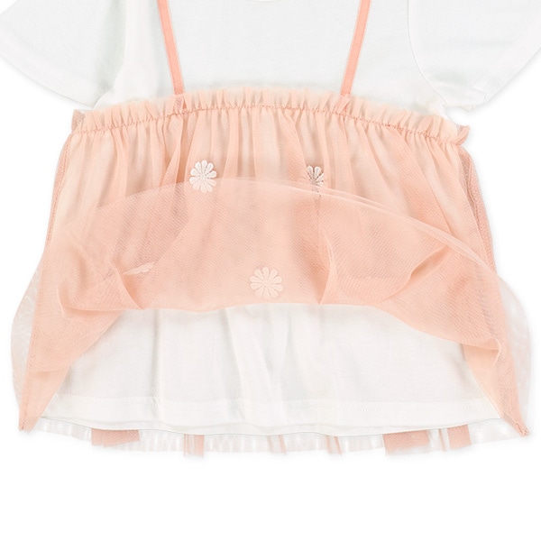 花モチーフ付きチュールキャミレイヤード風半袖Tシャツ