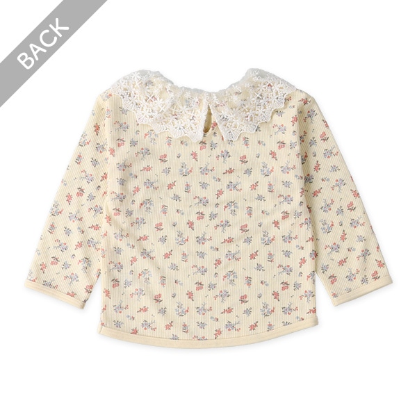 ワッフル襟レース小花長袖Ｔシャツ