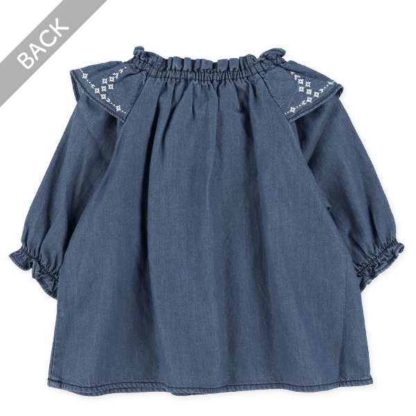 デニム刺繍フリル長袖ブラウス