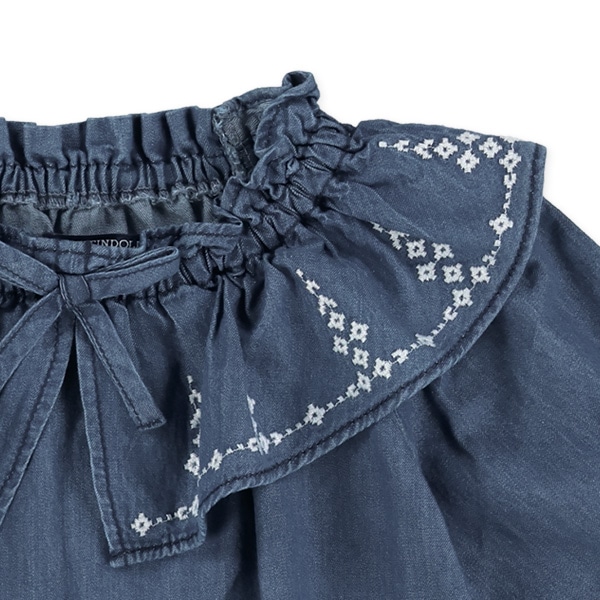 デニム刺繍フリル長袖ブラウス