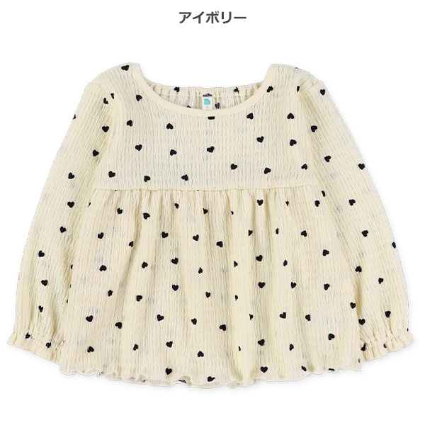 ハート柄シャーリングフレア長袖トップス