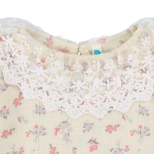 小花柄襟レース長袖トップス