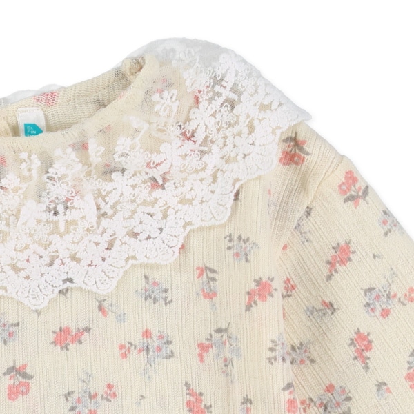 小花柄襟レース長袖トップス