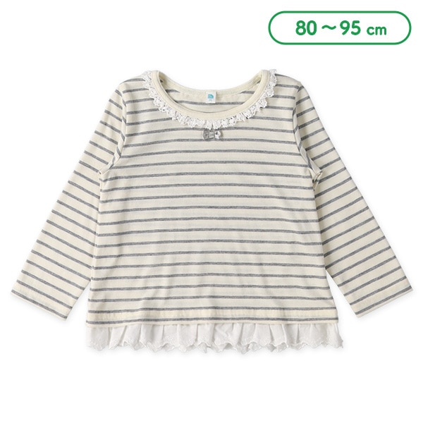 ボーダー襟裾レース長袖Tシャツ