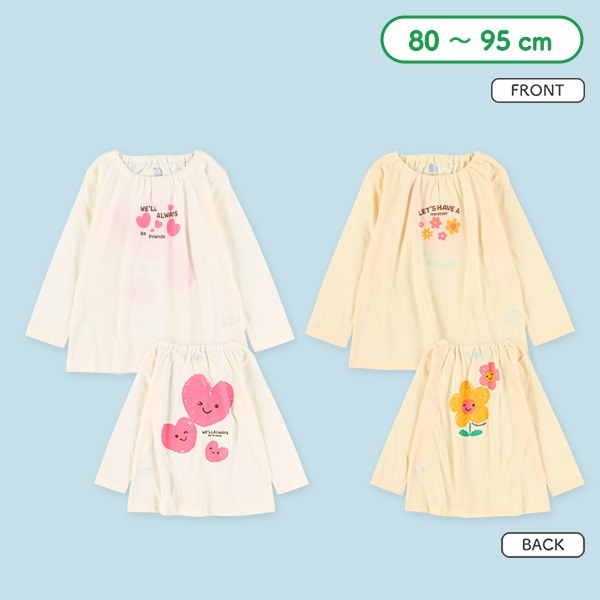 ハート柄・花柄前後プリントスモック長袖Tシャツ