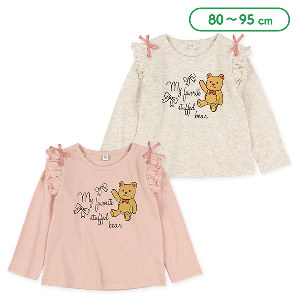肩フリルくま柄長袖Tシャツ