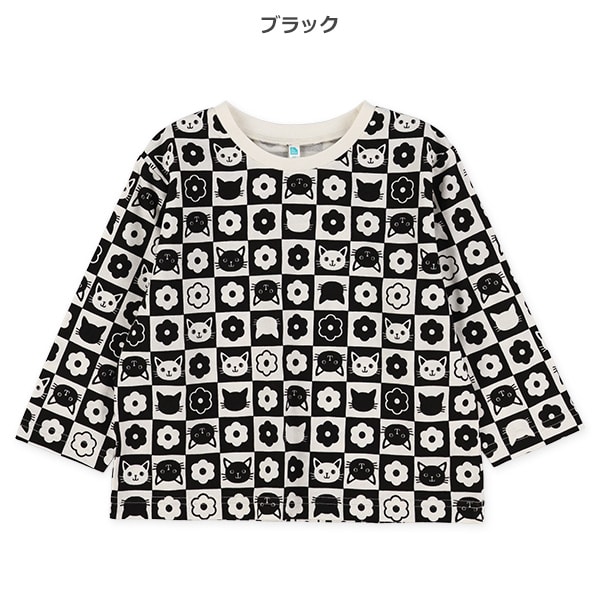 チェックねこ花長袖Tシャツ