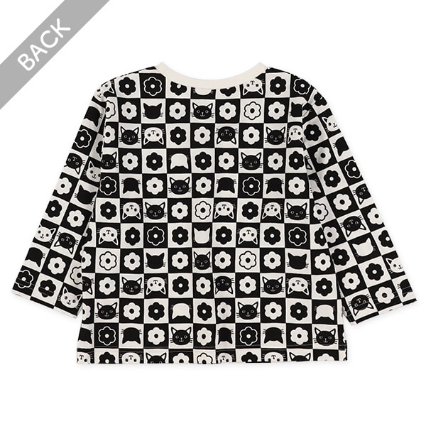 チェックねこ花長袖Tシャツ