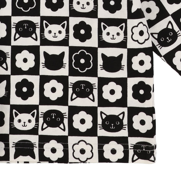 チェックねこ花長袖Tシャツ