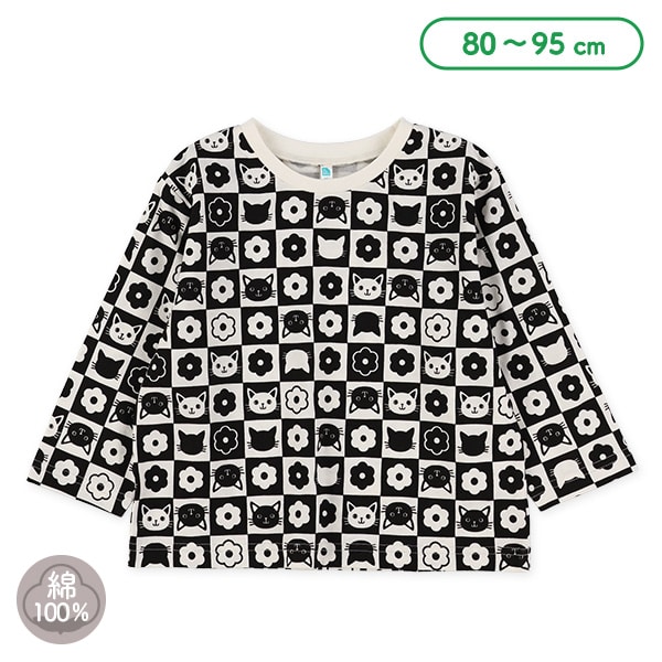 チェックねこ花長袖Tシャツ