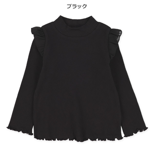 針抜きスムース肩シフォンフリルハイネック長袖Tシャツ