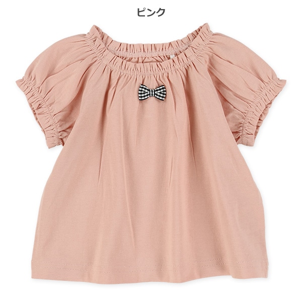 無地リボン付きスモッグ風Tシャツ