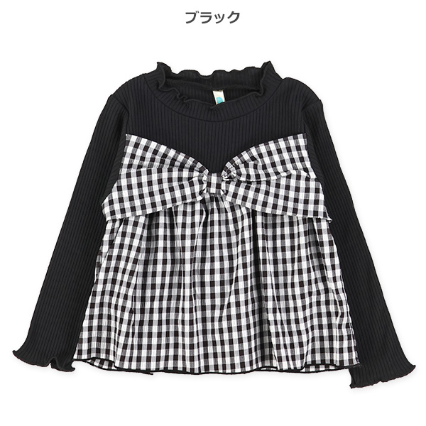チェックリボンビスチェレイヤード風長袖Tシャツ