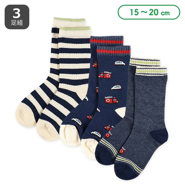 3足組キッズクルーソックス（のりもの・ボーダー）