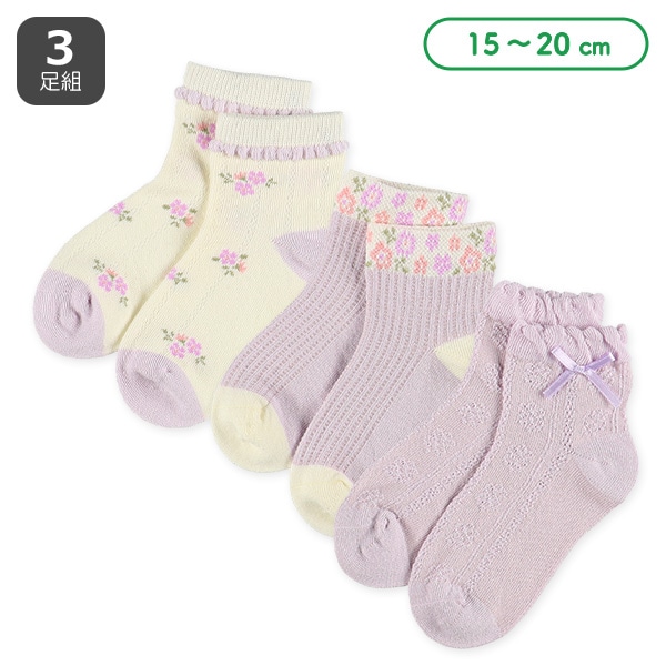 3足組キッズアンクルソックス（小花柄・リボン）