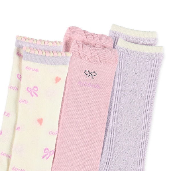 3足組キッズハイソックス（ラインストーン・リボン）