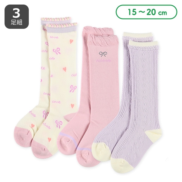 3足組キッズハイソックス（ラインストーン・リボン）