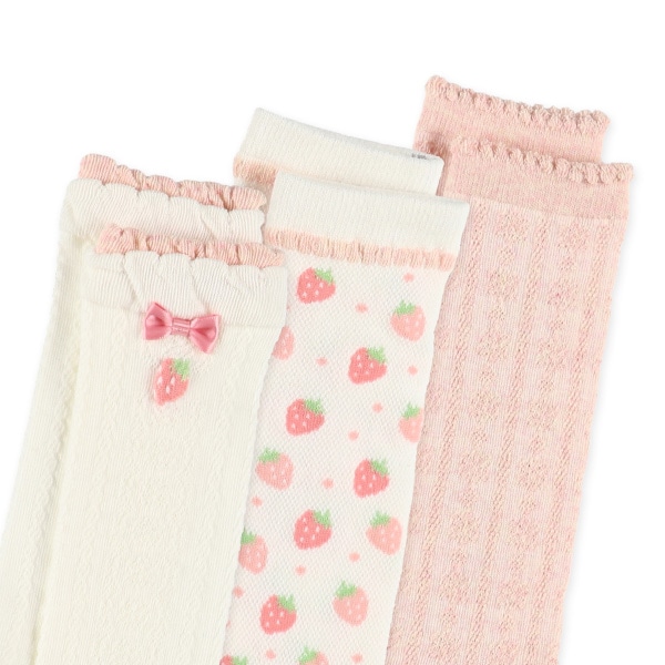 3足組キッズハイソックス（いちご・リボン）