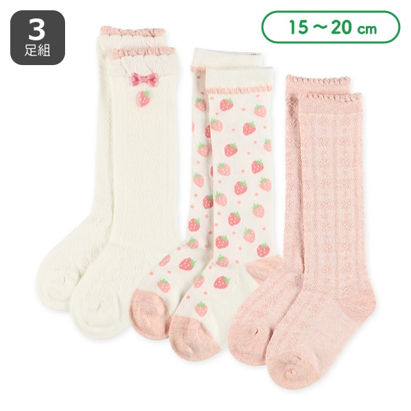 3足組キッズハイソックス（いちご・リボン）