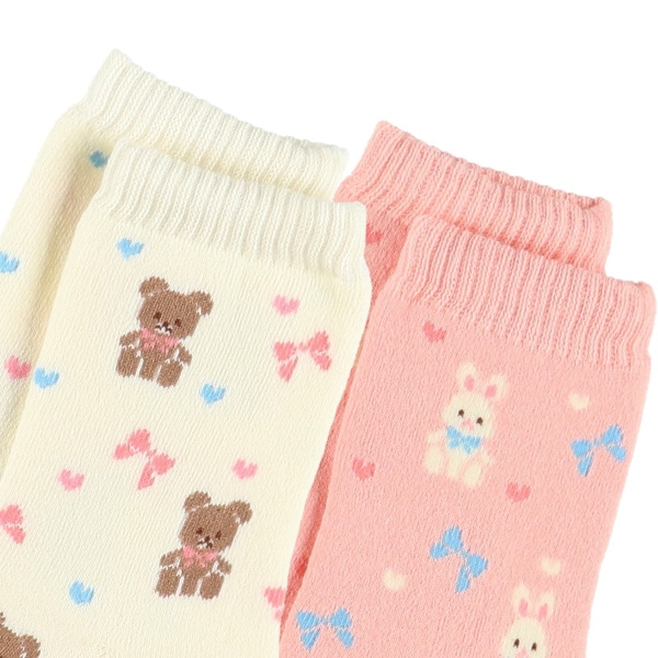 2足組あったかパイルキッズクルーソックス（うさぎ・くま）