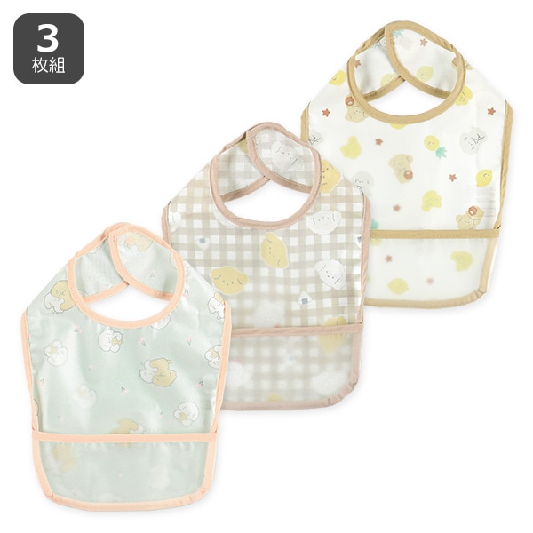 3枚組袖なし食事用エプロン（いぬ・フルーツ・おにぎり）