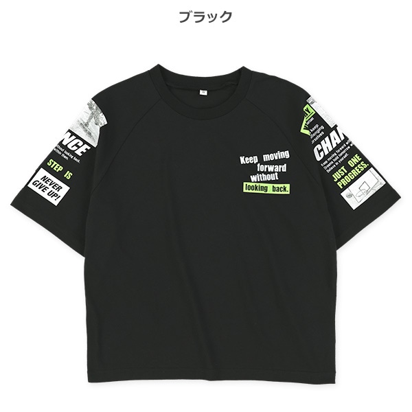 袖4分丈ロゴ転写プリント半袖Tシャツ