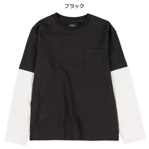 袖レイヤード風胸ポケット付き長袖Tシャツ（ブラック・ベージュ・グリーン・ブルー）