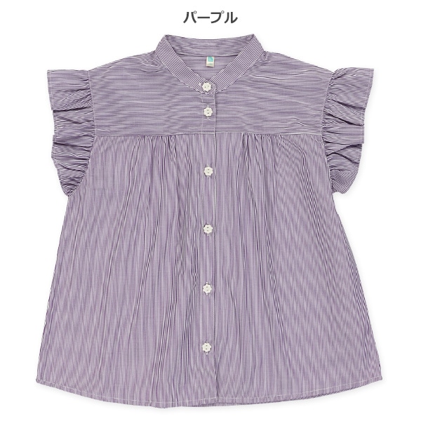 ストライプ袖フリル半袖ブラウス