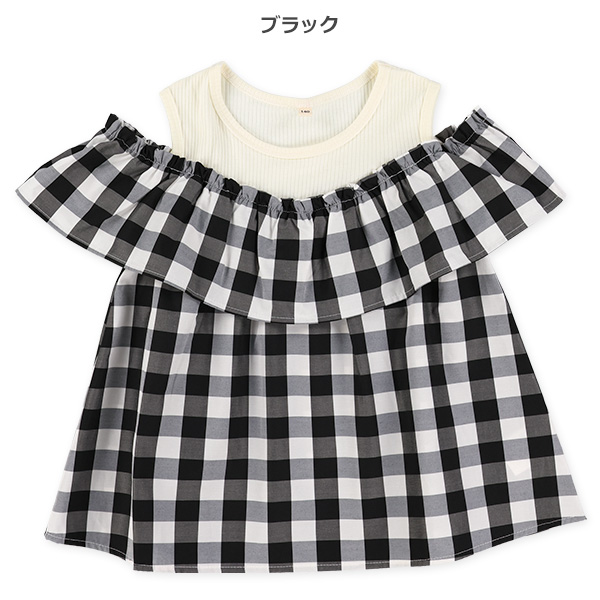 チェック柄肩あきレイヤード風ブラウス