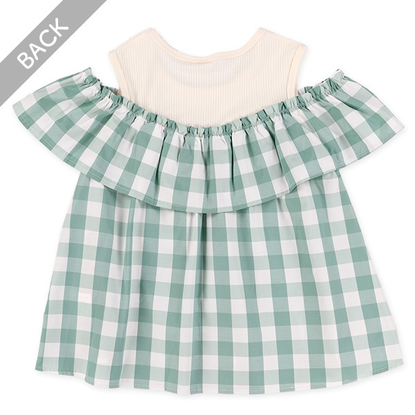 チェック柄肩あきレイヤード風ブラウス