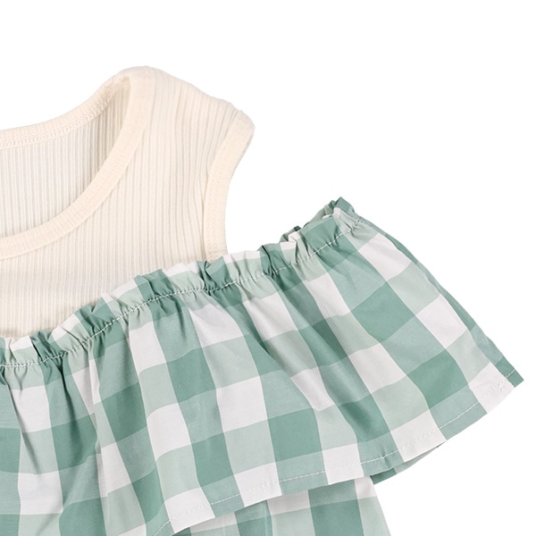 チェック柄肩あきレイヤード風ブラウス