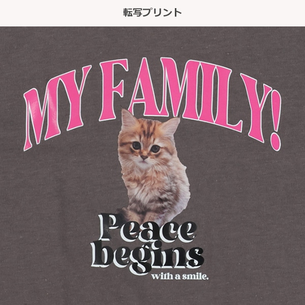 クロップド丈ねこ転写プリントワイド半袖Tシャツ