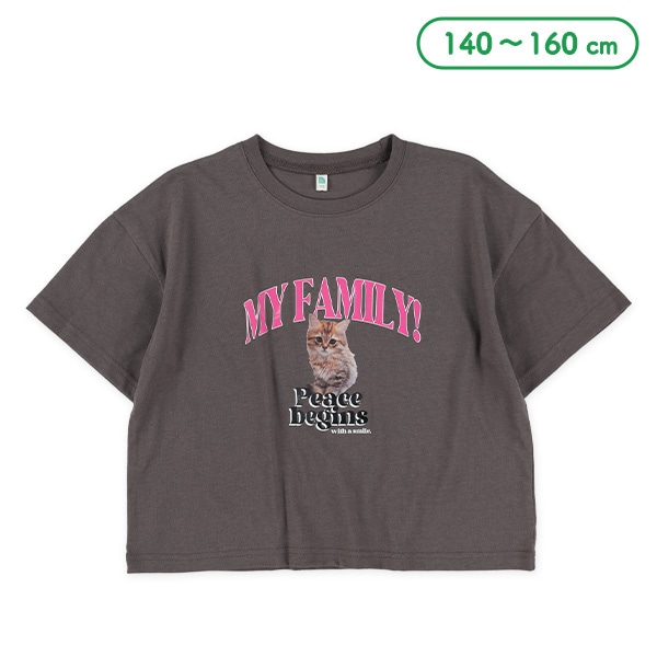 クロップド丈ねこ転写プリントワイド半袖Tシャツ