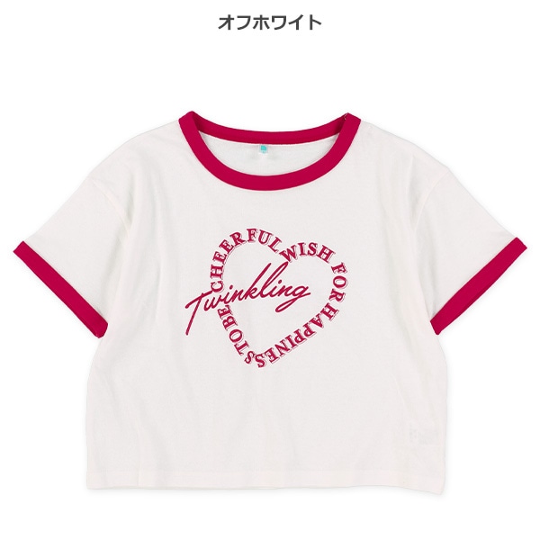 クロップド丈ロゴハートプリントリンガーワイド半袖Tシャツ