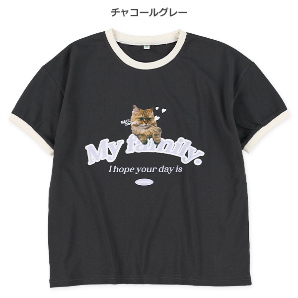 ねこ転写プリント半袖Tシャツ