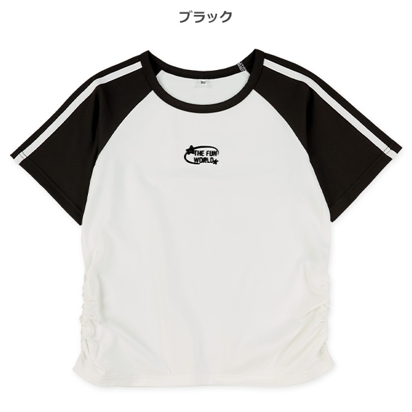 袖2本ライン立体プリントラグラン半袖Tシャツ