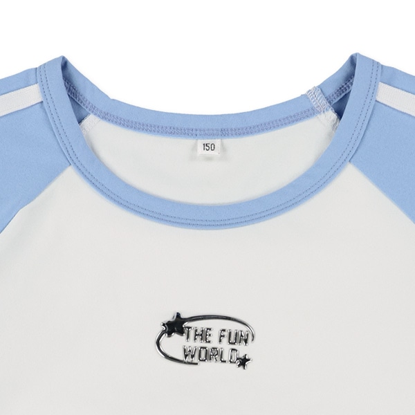 袖2本ライン立体プリントラグラン半袖Tシャツ