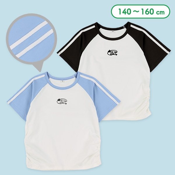 袖2本ライン立体プリントラグラン半袖Tシャツ