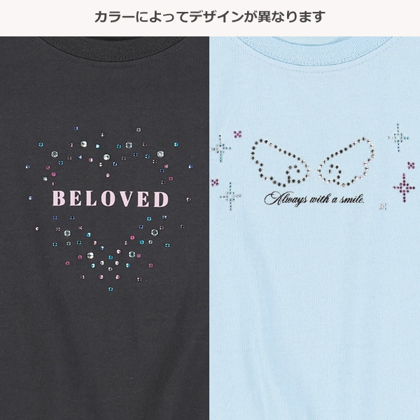 ハート・羽ラインストーン半袖Tシャツ