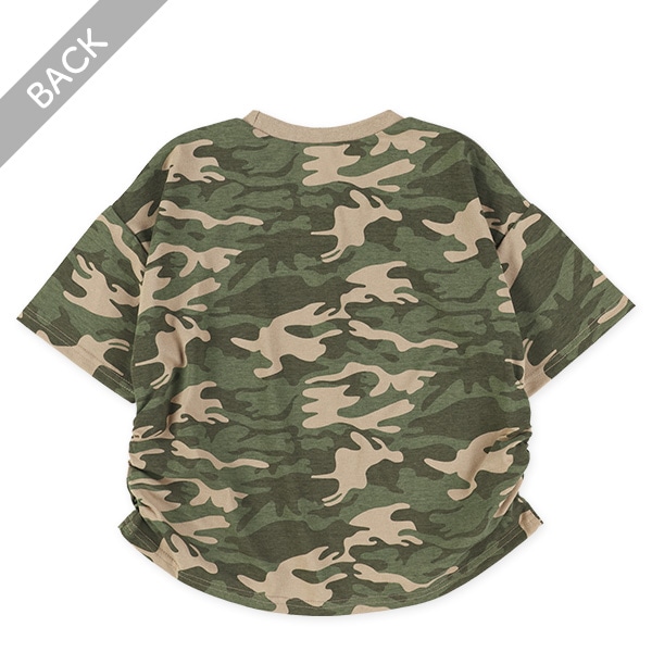 ロゴラインストーン裾ギャザー半袖Tシャツ