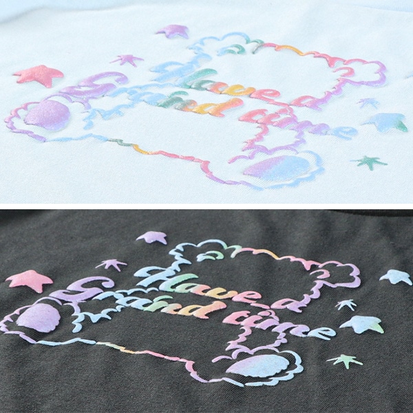 くまレインボー発泡ラメ肩あき半袖Tシャツ