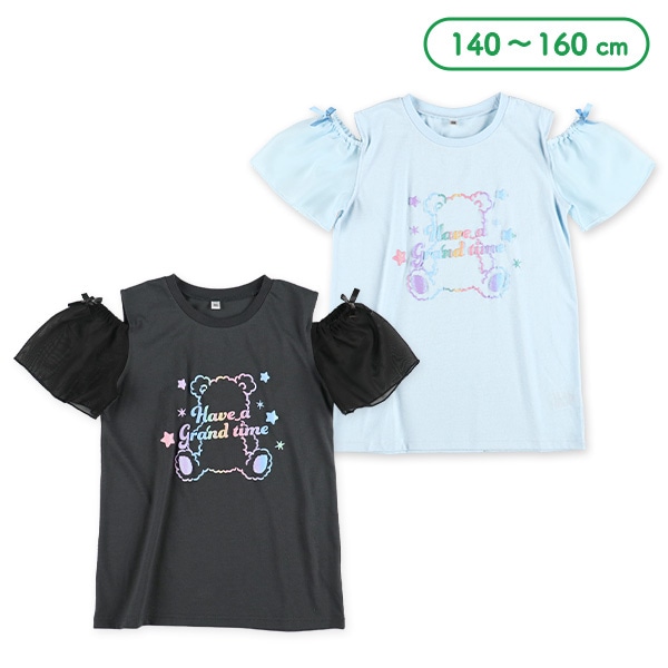 くまレインボー発泡ラメ肩あき半袖Tシャツ