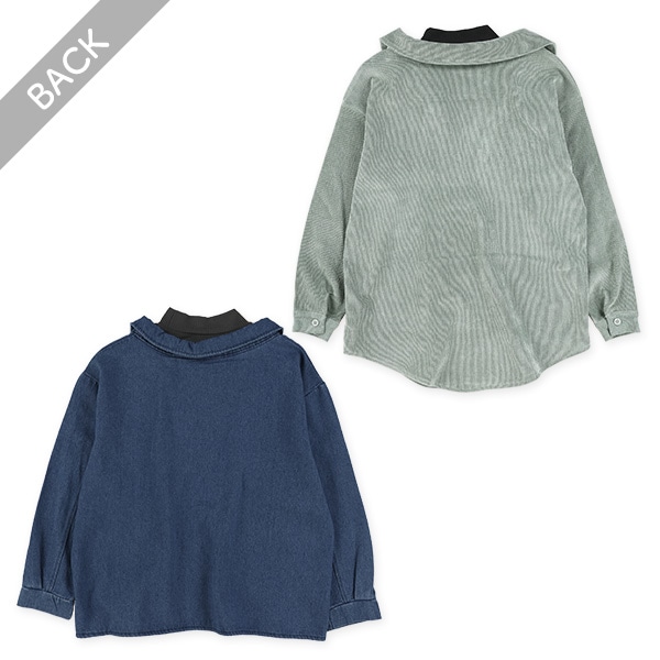 コーデュロイ・デニムレイヤード風長袖シャツ