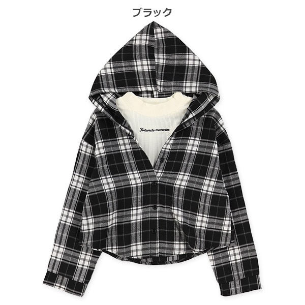 フード付きチェックレイヤード風長袖シャツ