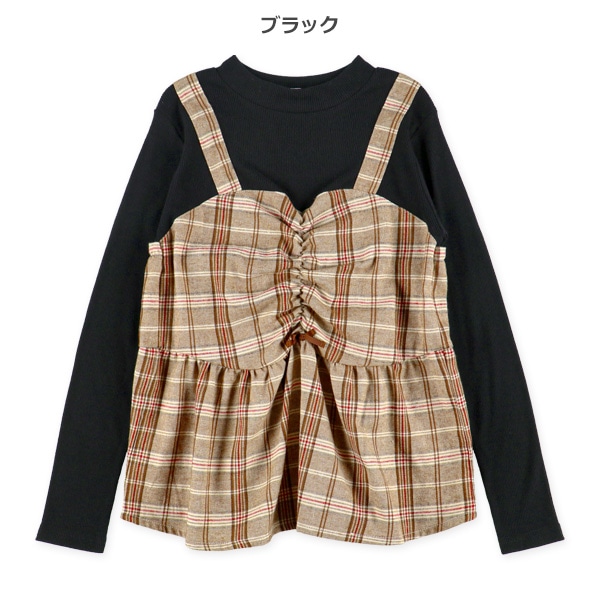 チェックレイヤード風チュニック長袖Tシャツ